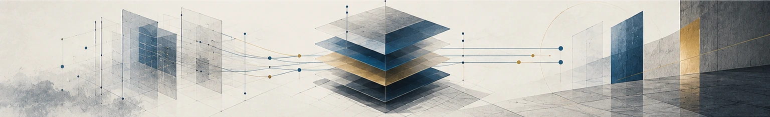 Layered translucent planes in blue, grey and gold with connecting lines.