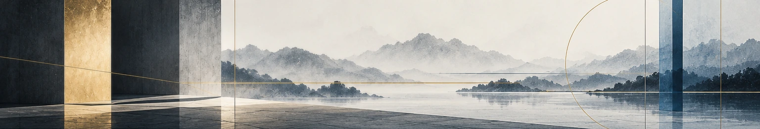 Headerbild: abstrakte Verbindung von Landschaft und Architektur mit präzisen Linien in Blau und Gold.
